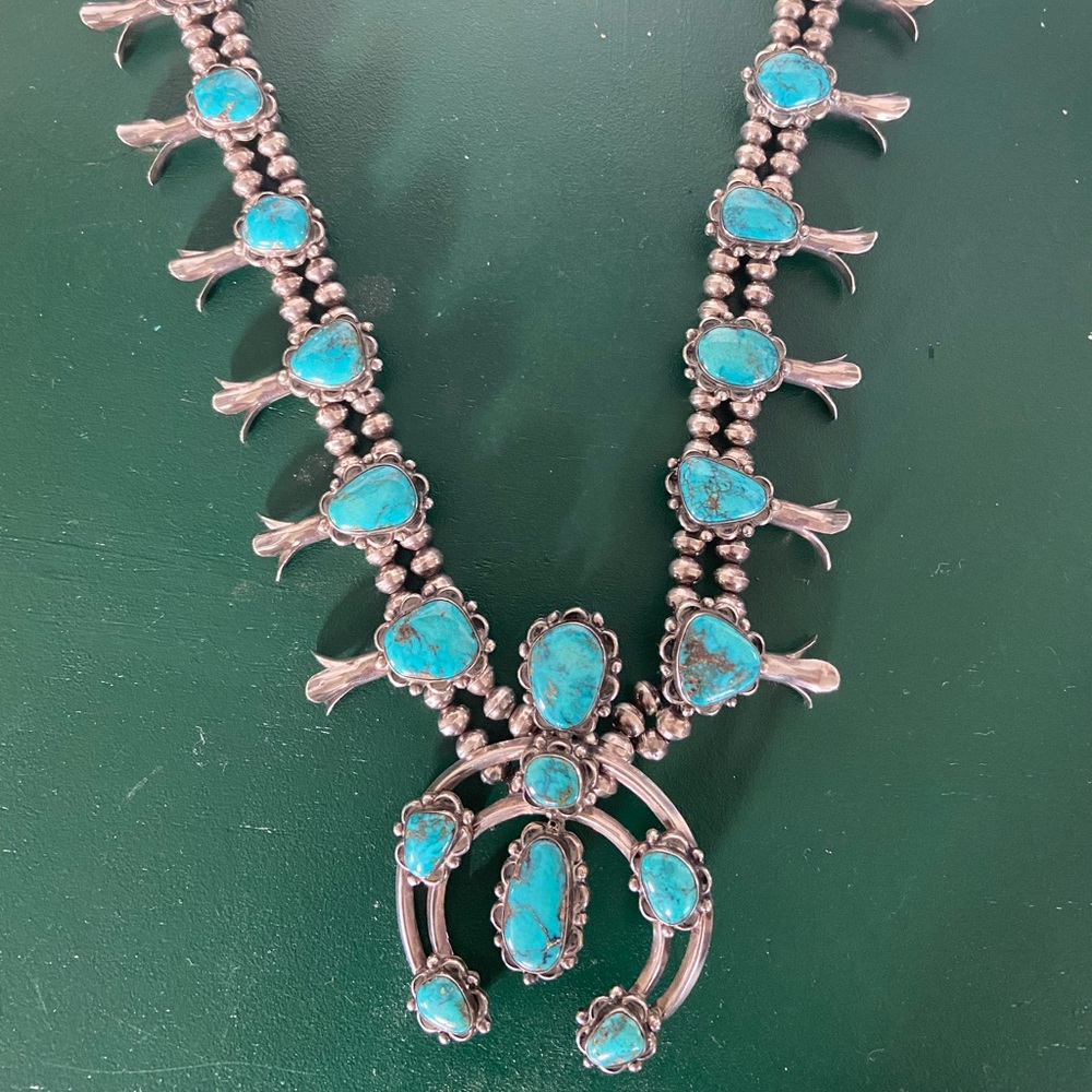 Squash blossom necklace in Navajo turquoise & sterling silver